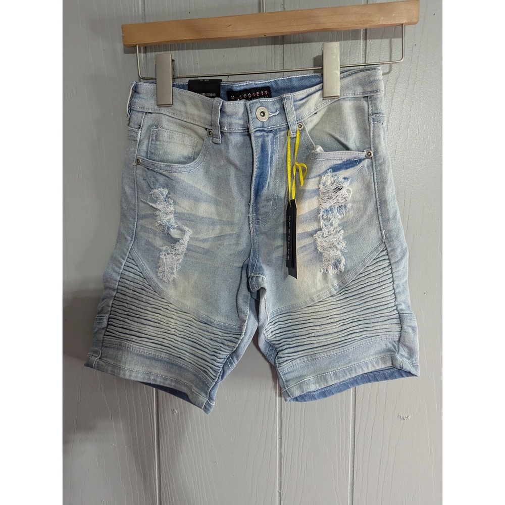 M Society Politically Incorrect light blue girls 12 stretch distressed shorts